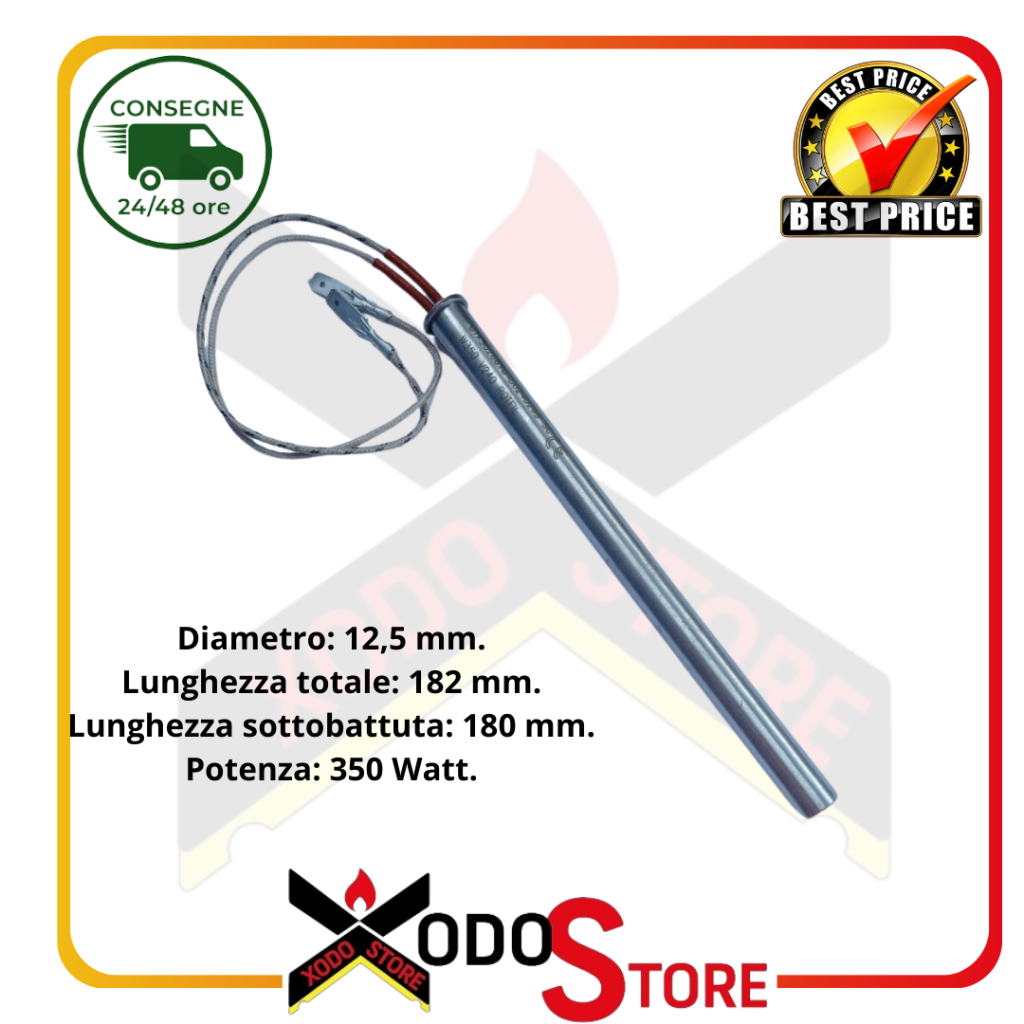 Glow plug for pellet stove UTXS026610, 350 W, Ø 12.5 mm, total length 182 mm, (INT. REF. 1047)