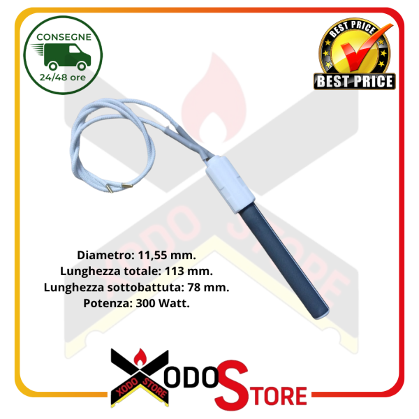 Diametro: 11,55 mm.

Lunghezza totale: 113 mm.

Lunghezza sottobattuta: 78 mm.

Potenza: 300 Watt.