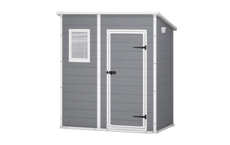 Casetta addossabile in resina, KETER mod. MANOR PENT 6x4, 1 porta, pavimento incluso, 1 finestra frontale, grigio o beige