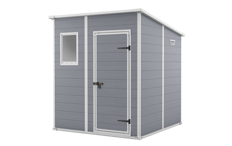 Casetta addossabile in resina, KETER mod. MANOR PENT 6x6, 1 porta, pavimento incluso, 1 finestra frontale, grigio o beige