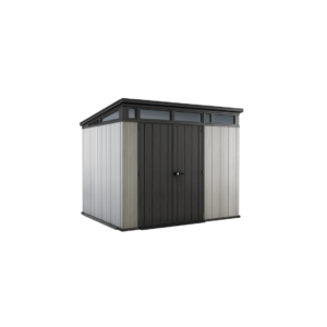 Casetta addossabile in duotech verniciabile, KETER mod. ARTISAN 9x7, 2 porte, pavimento incluso, finestre in policarbonato, grigio effetto legno naturale K235881