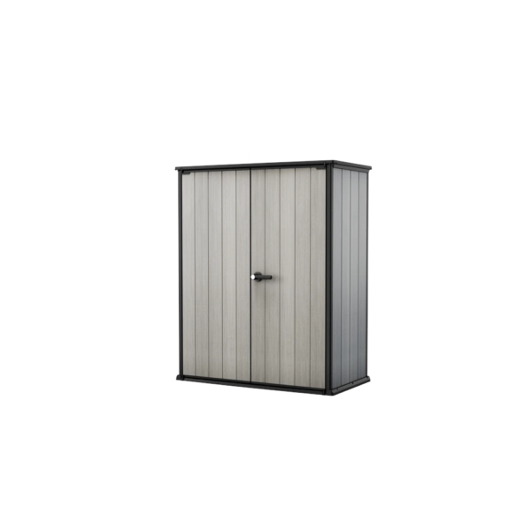 Portattrezzi in duotech verniciabile, KETER mod. HIGH-STORE, dotato di 2 ripiani, lucchettabile, sistema di aggancio ante in metallo con apertura a 110°, grigio effetto legno naturale K246241