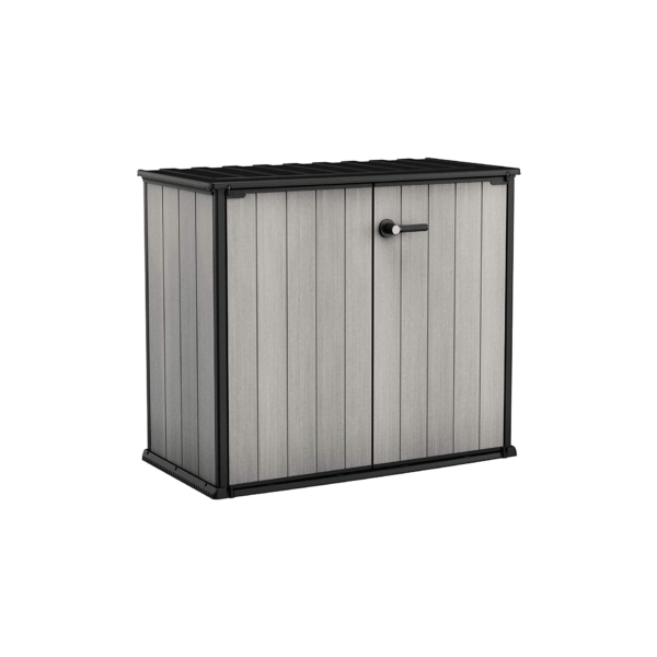 Portattrezzi in duotech verniciabile, KETER mod. PATIO-STORE, lucchettabile, cerniere in metallo apertura 110°, grigio effetto legno naturale K232781