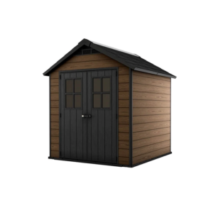 Casetta in evotech+ (materiale composito resina-legno), KETER mod. NEWTON 757, 2 porte, pavimento incluso, lucernario e finestre frontali in policarbonato, marrone effetto legno naturale K241886