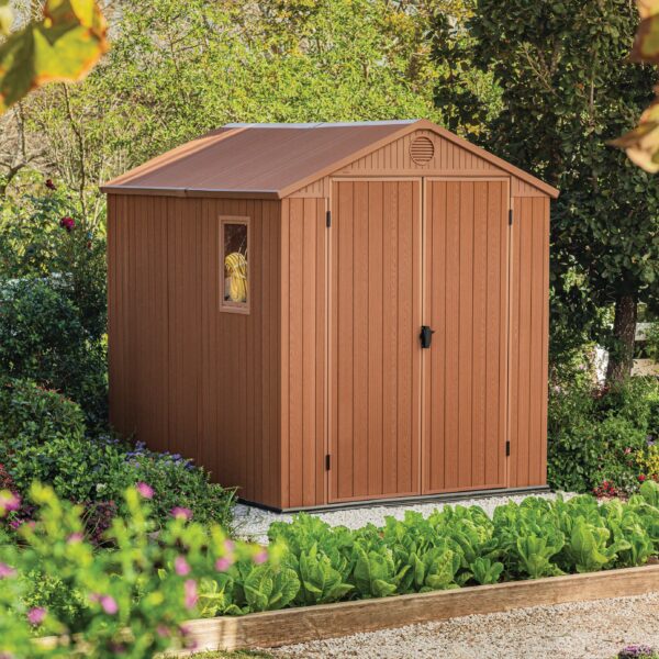 Casetta in resina, effetto legno naturale, KETER modello DARWIN 6x8, pavimento incluso, 2 porte, 1 finestra laterale, con bocchetta d'areazione, predisposizione per lucchetto, marrone