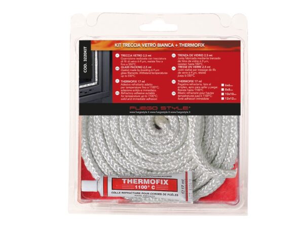 Kit professionale composto da treccia per stufe e caminetti, resistenti ad alte temperature KIT ARTICA + COLLA THERMOFIX bianco DIAM. 6/8/10/12