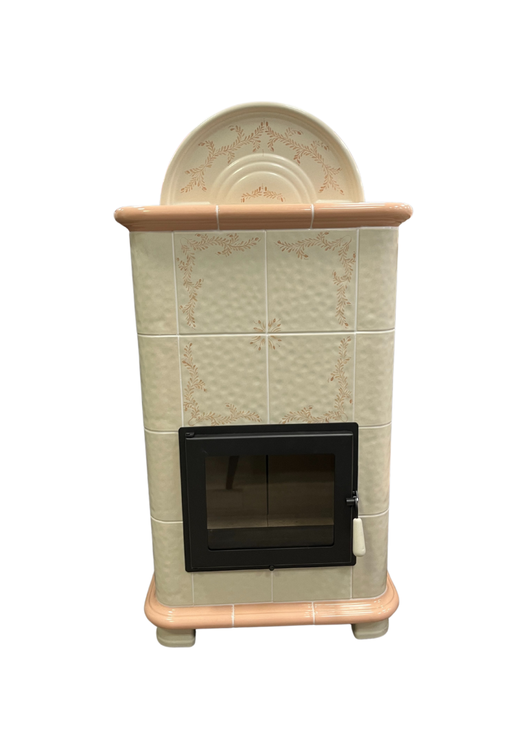 Stufa a legna in ceramica bianca fiori pesca PATERNO 12 kW