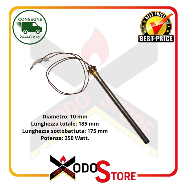Candeletta resistenza accensione per stufa a pellet HT72944, Ø 10 mm, 350W, lunghezza totale 185mm -RIF. INT. 1081