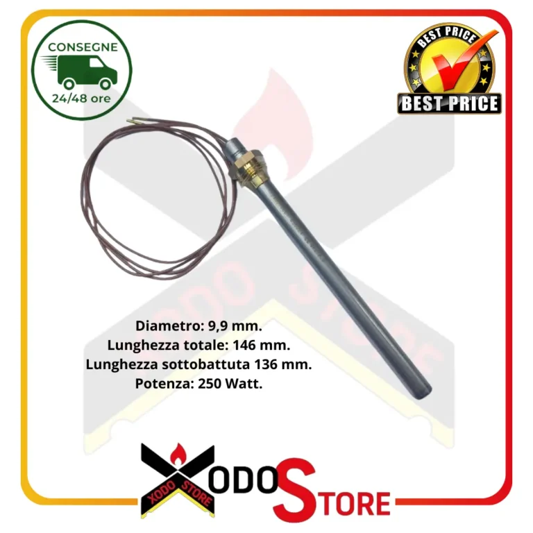 Candeletta resistenza accensione per stufa a pellet , 250 W, Ø 9,9 mm, lunghezza totale 146 mm, (RIF. INT. 1002)