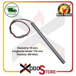 Candeletta resistenza accensione per stufa a pellet, 300 W, Ø 10 mm, lunghezza totale 155 mm, (RIF. INT. 1016)