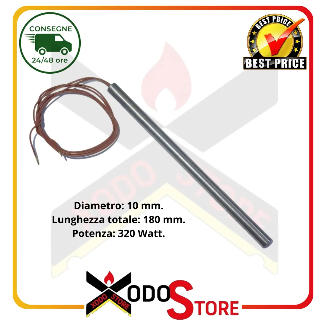 Candeletta resistenza accensione per stufa a pellet, 320 W, Ø 10 mm, lunghezza totale 180 mm, (RIF. INT. 1018)