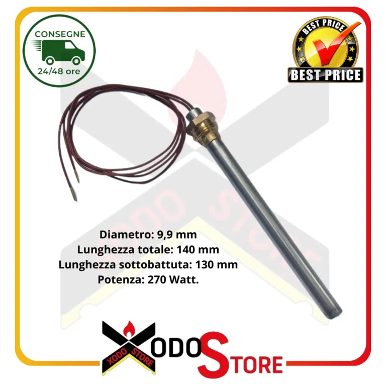 Candeletta resistenza accensione per stufa a pellet , 270W, Ø 9,9 mm, lunghezza totale 140 mm, (Rif. Int. 1001)