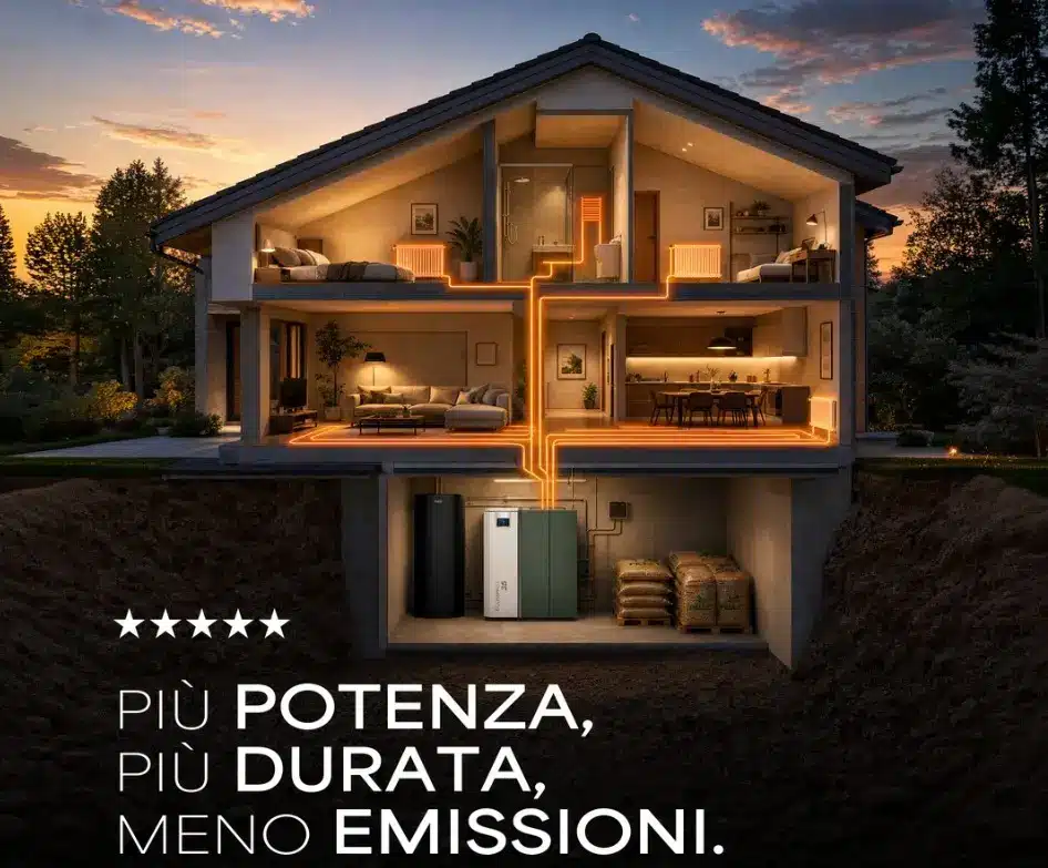 Rendering in sezione di una casa con caldaia GeysirGreen: piu' potenza, piu' durata, meno emissioni
