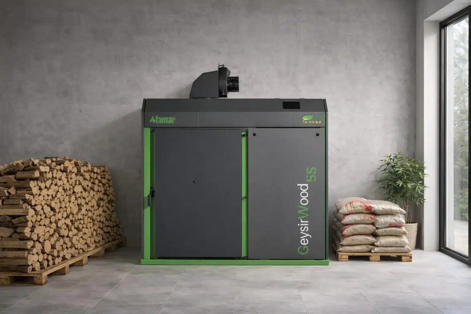 Caldaia a biomassa GeysirWood S con legna accatastata e sacchi di pellet