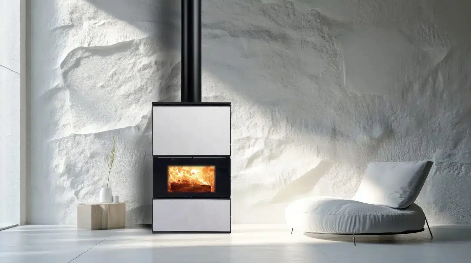 Termostufa bianca dal design minimalista in un ambiente luminoso