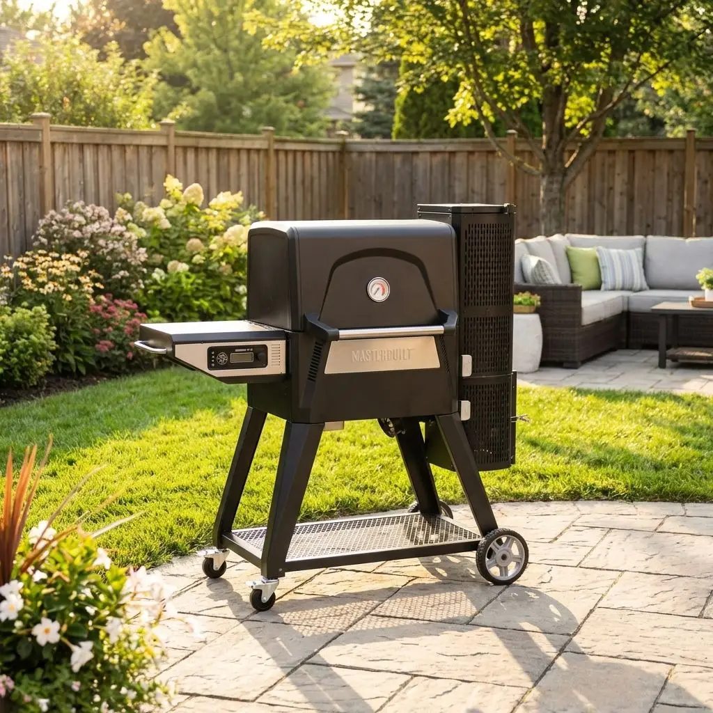 Barbecue affumicatore nero con piani laterali in giardino