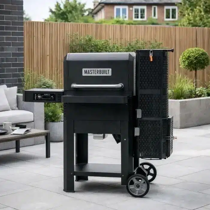 Barbecue a pellet nero con carrello e piano di lavoro