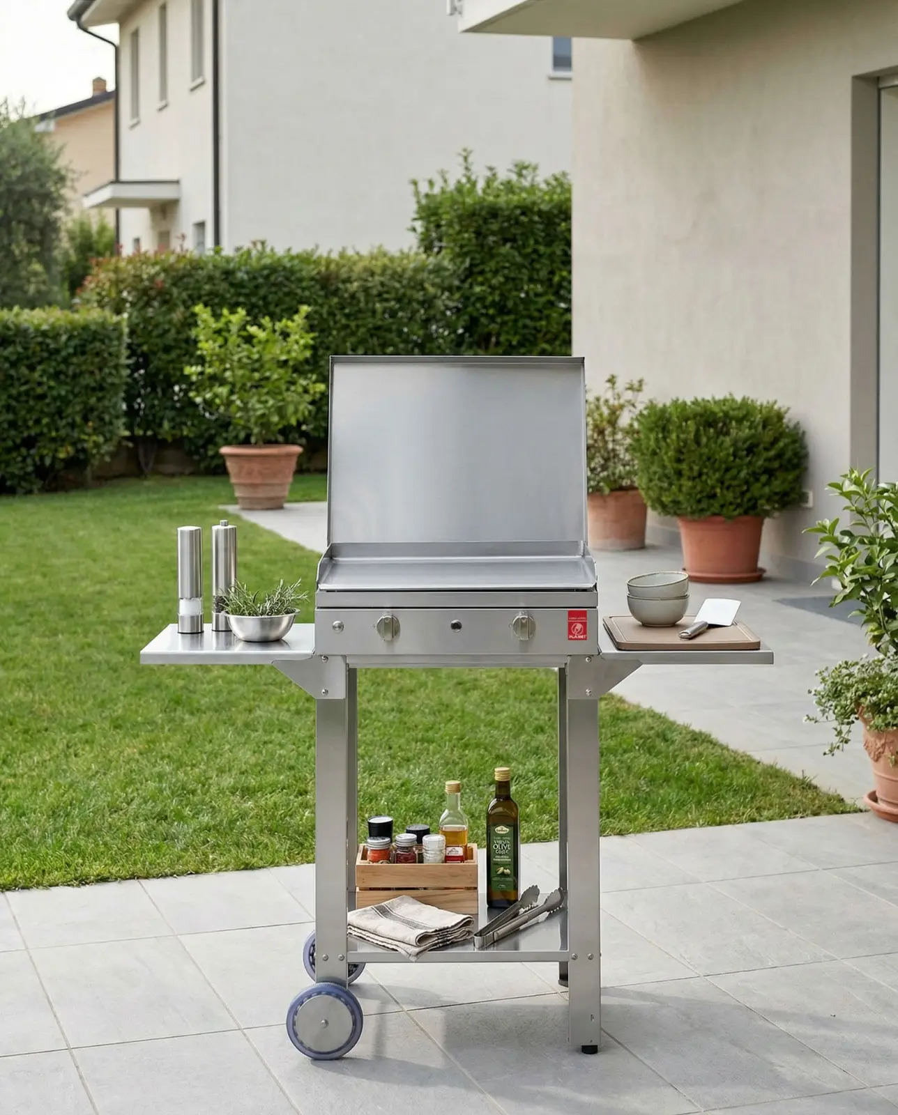 Barbecue in acciaio su carrello in giardino